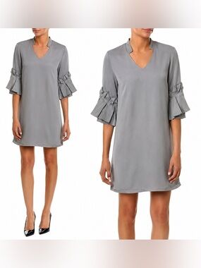 Alton Gray Gray V Neck Shift Mini Dress Bell Sleeves Origami Detail Size 2